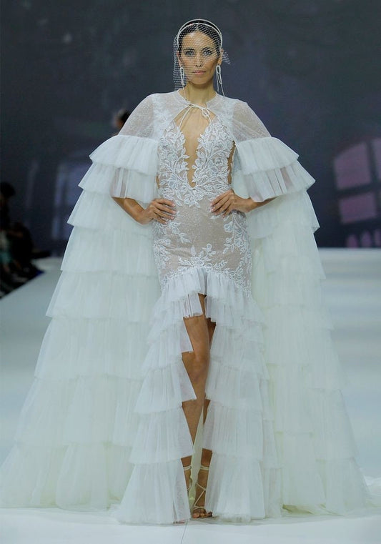 Layered Tiered Shimmering Glitter Bridal Special Occasion Floor Length Cape