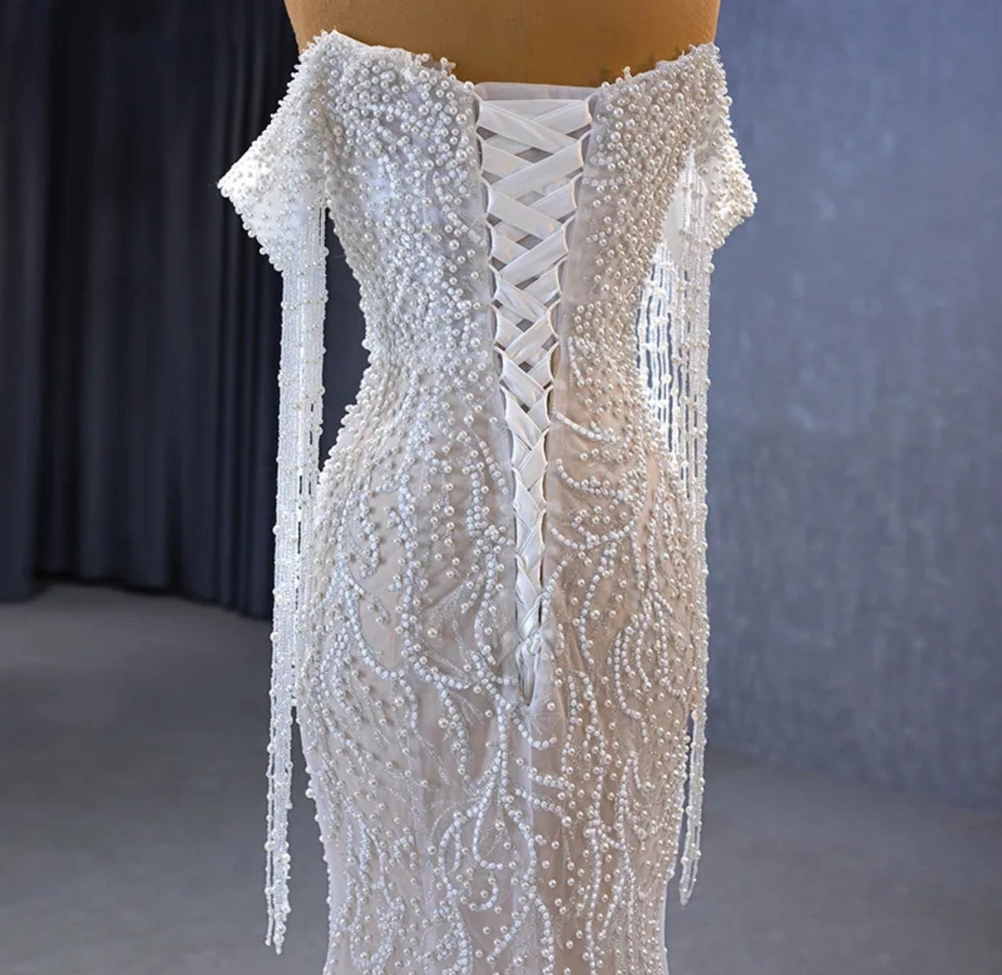 Draping Pearl Beaded Off The Shoulder Organza Deep V Illusion Sweetheart Mermaid Gown