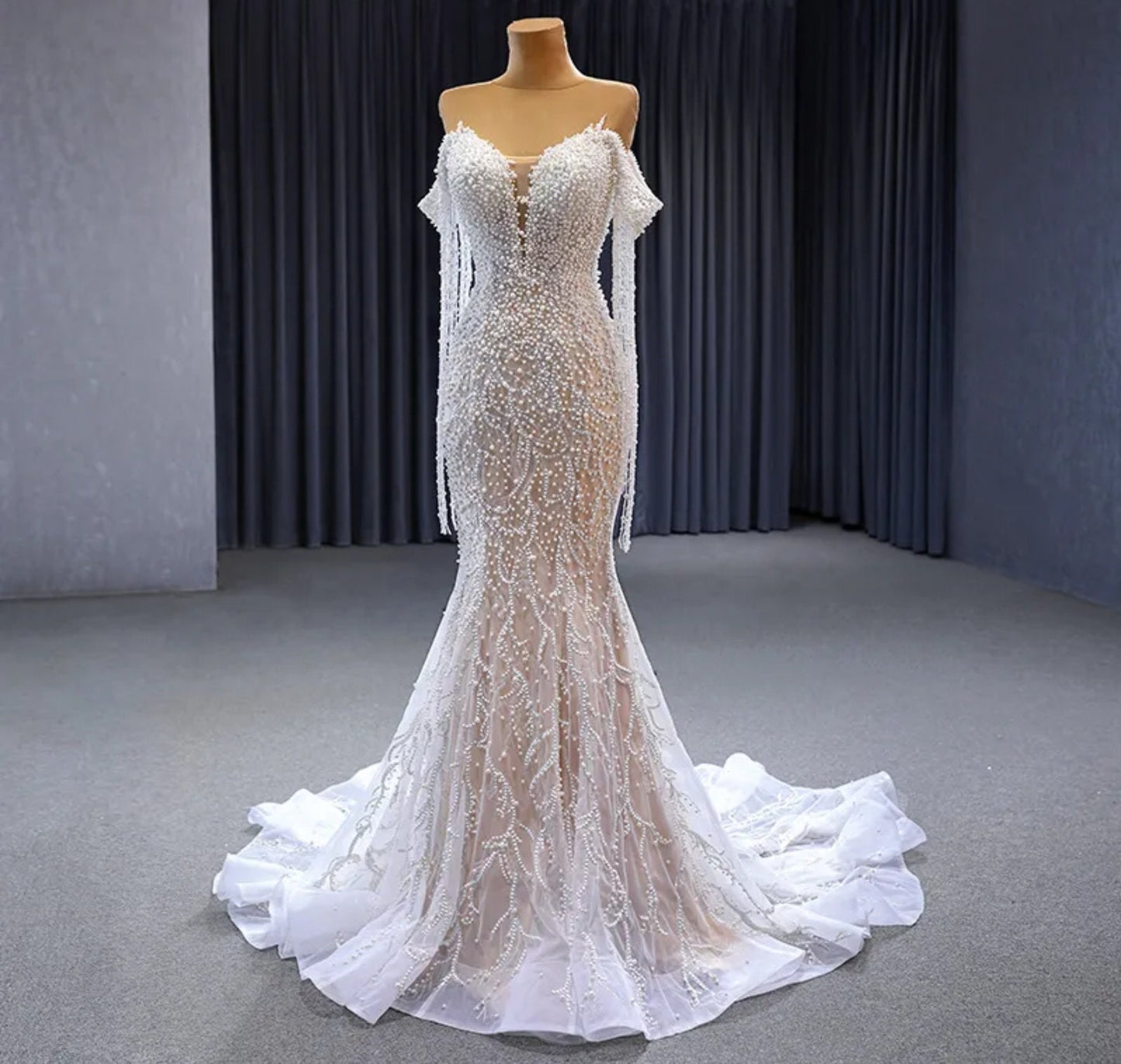 Draping Pearl Beaded Off The Shoulder Organza Deep V Illusion Sweetheart Mermaid Gown