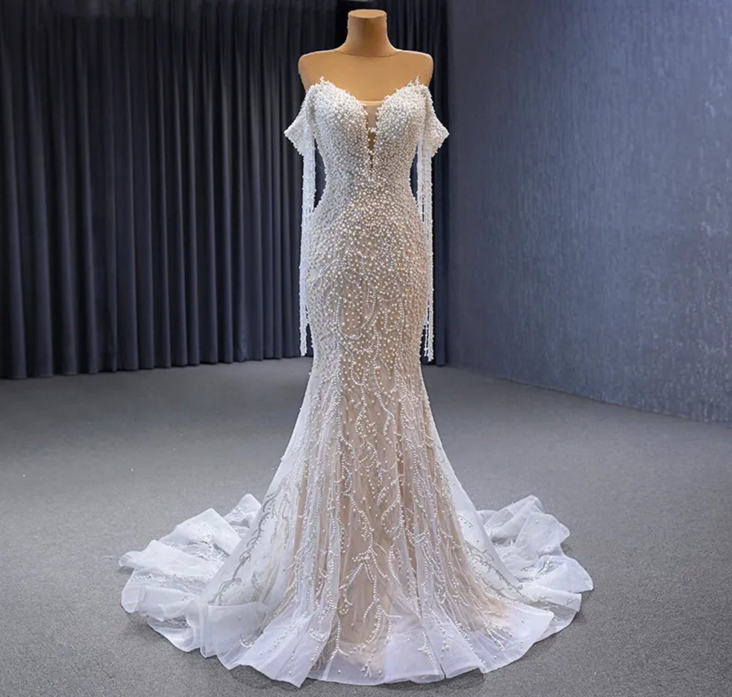 Draping Pearl Beaded Off The Shoulder Organza Deep V Illusion Sweetheart Mermaid Gown