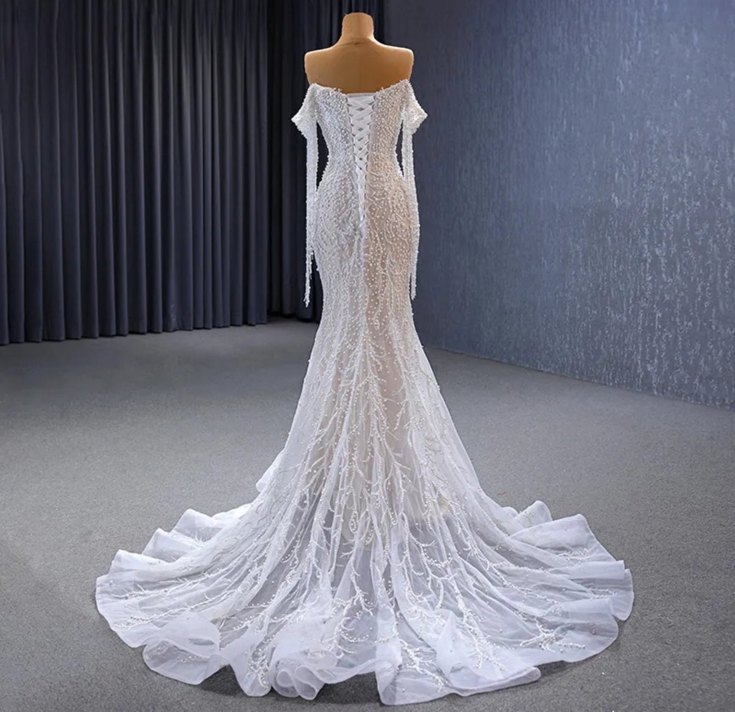 Draping Pearl Beaded Off The Shoulder Organza Deep V Illusion Sweetheart Mermaid Gown