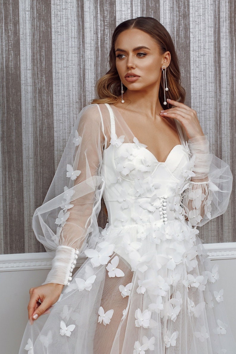 Sheer Sexy Long Sleeve Pearl Beaded Butterfly Boudoir Bridal Photoshoot Robe