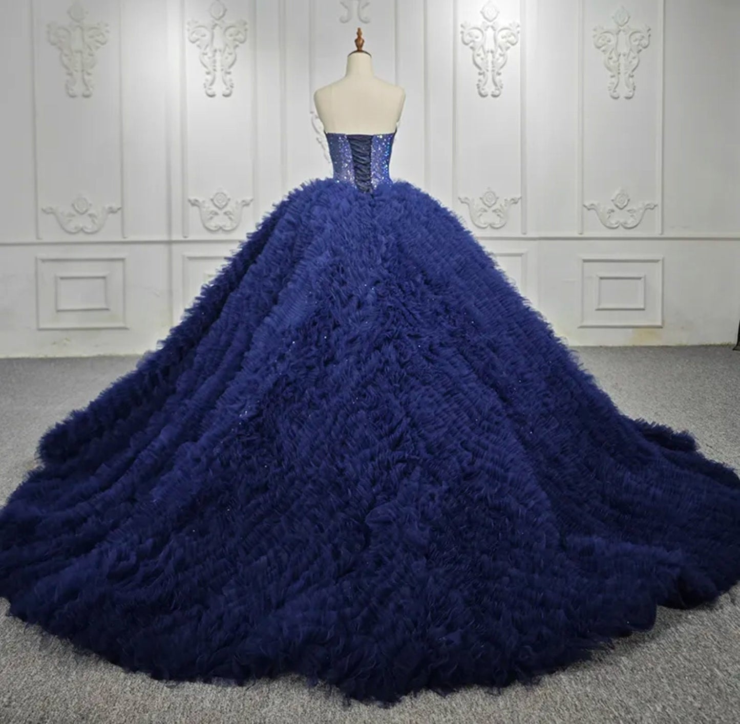 Beautiful Royal Blue Shimmering Sequin Sweetheart Bodice & Layered Frill Quinceañera Special Occasion Pageant Party Event Gala Gown