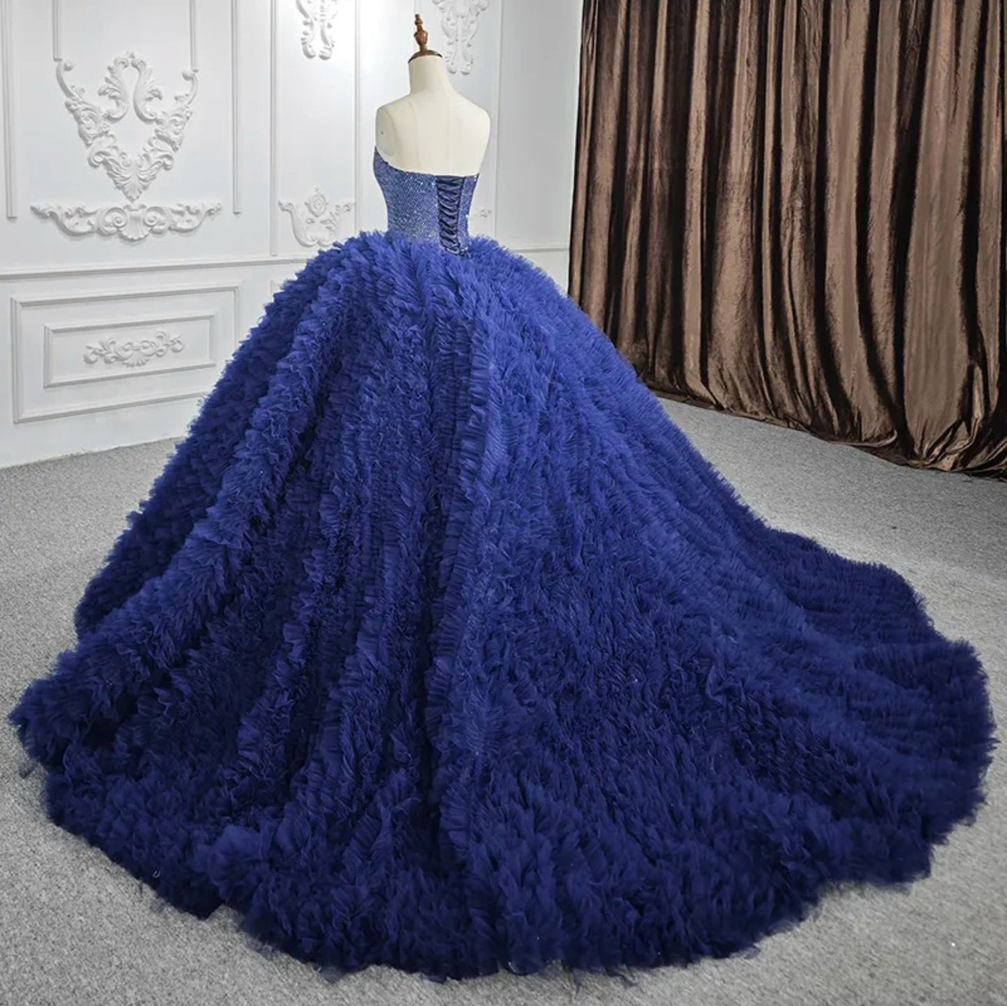 Beautiful Royal Blue Shimmering Sequin Sweetheart Bodice & Layered Frill Quinceañera Special Occasion Pageant Party Event Gala Gown