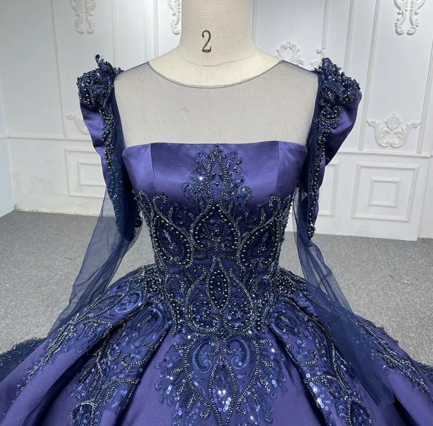 Satin Victorian Era Sequin Beaded Sheer Long Sleeve Elegant & Tasteful Gown