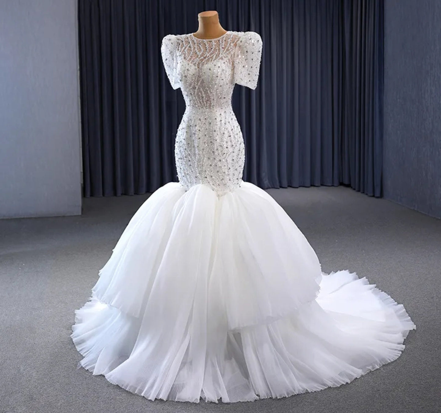 Fit & Flare Sequin Beaded Illusion Bodice With Layered Frill Fishtail Gown
