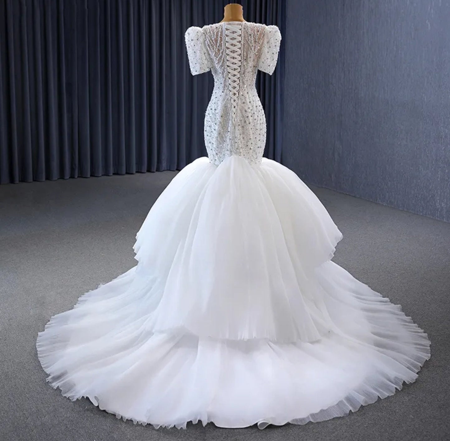 Fit & Flare Sequin Beaded Illusion Bodice With Layered Frill Fishtail Gown