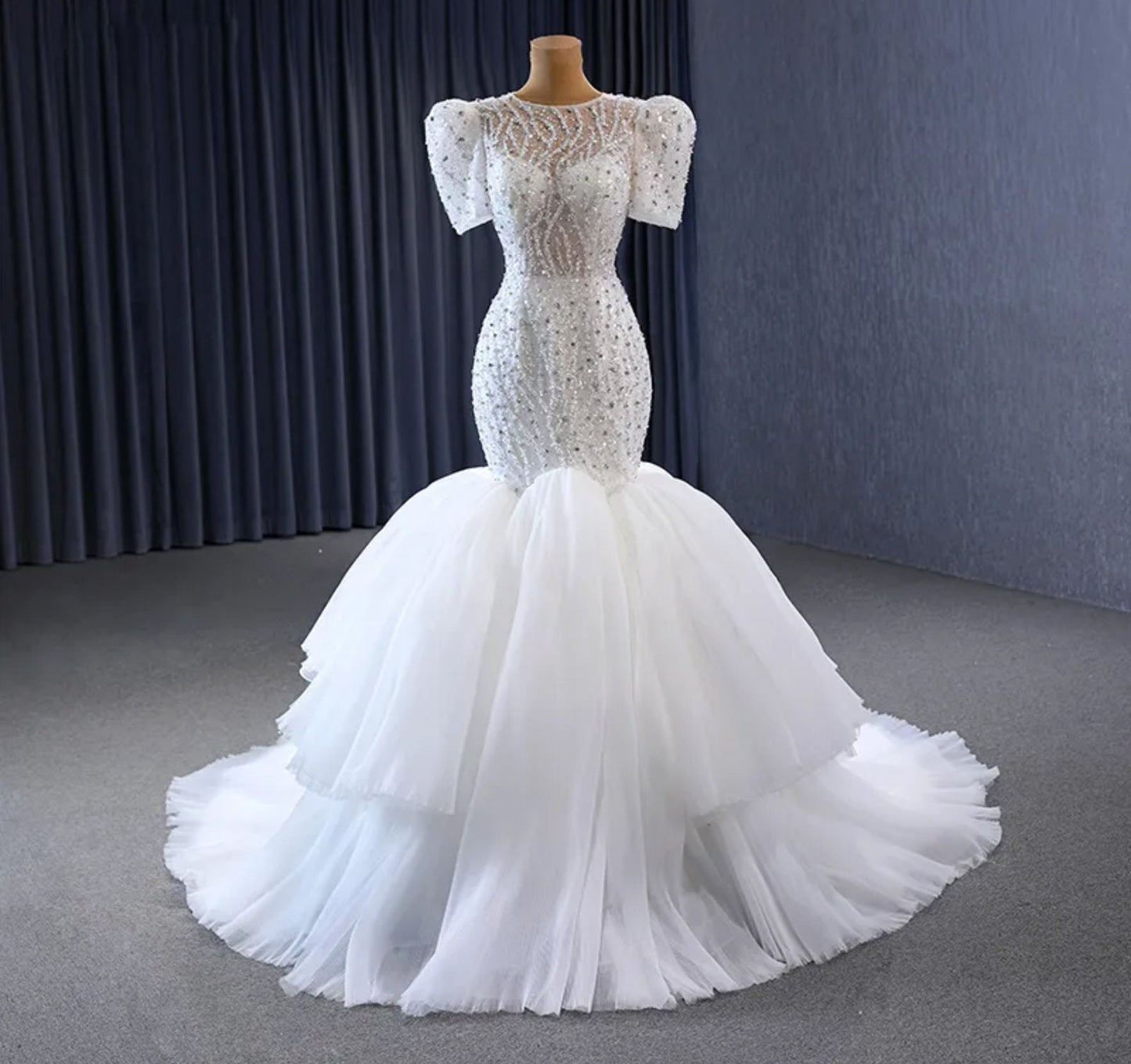 Fit & Flare Sequin Beaded Illusion Bodice With Layered Frill Fishtail Gown