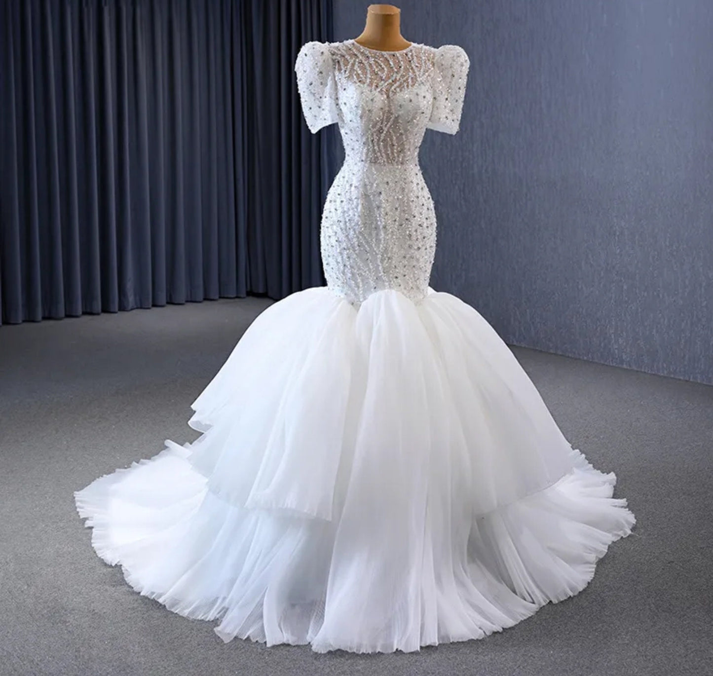 Fit & Flare Sequin Beaded Illusion Bodice With Layered Frill Fishtail Gown