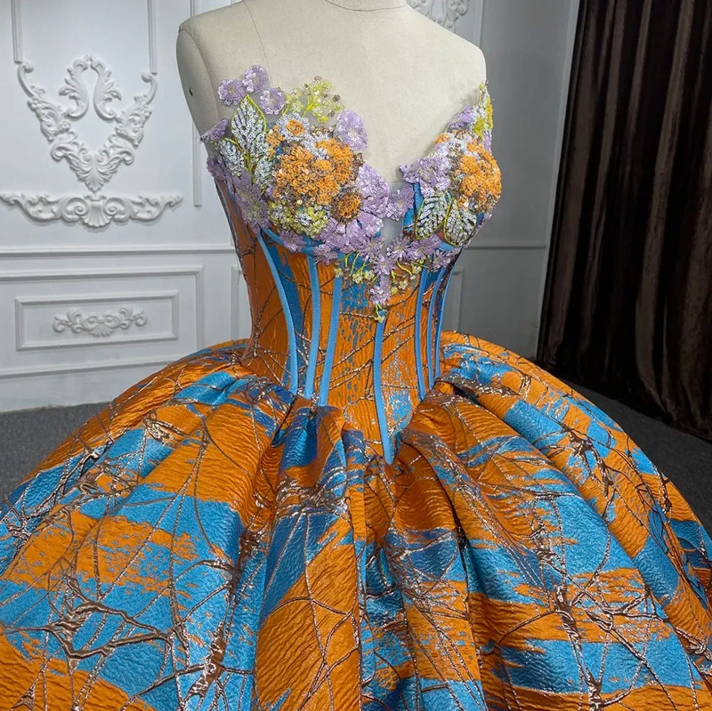 Uniquely Beautiful Orange And Blue Sweetheart Sequinned Satin Quinceañera Special Occasion Pageant Party Event Gown