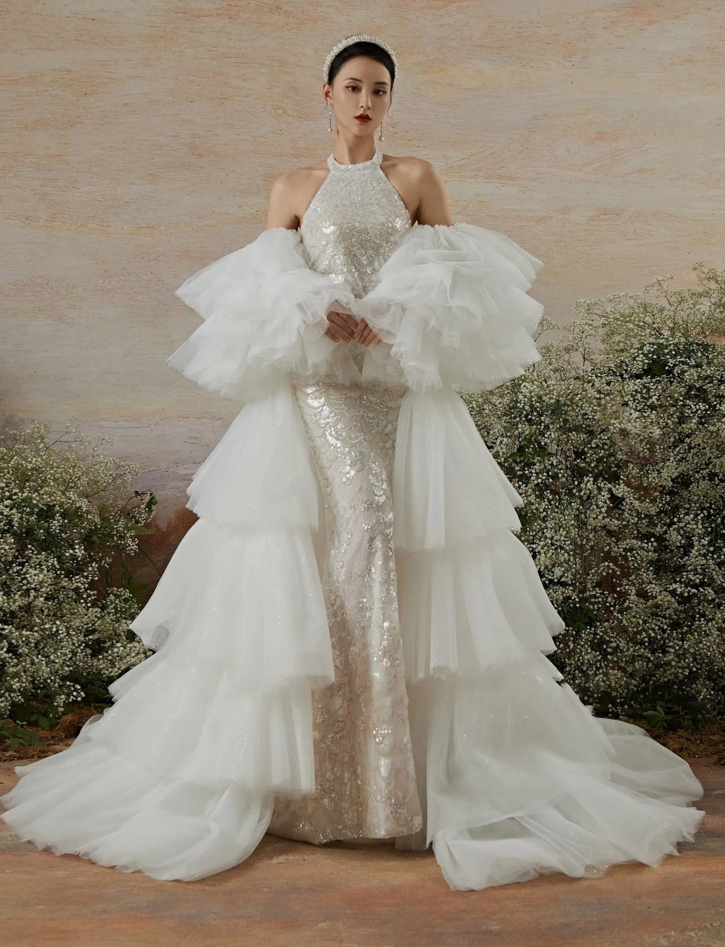 Detached Shimmering And Pearl Beaded Trim Layered Frill Sleeves With Tiered Shimmering  Cape
