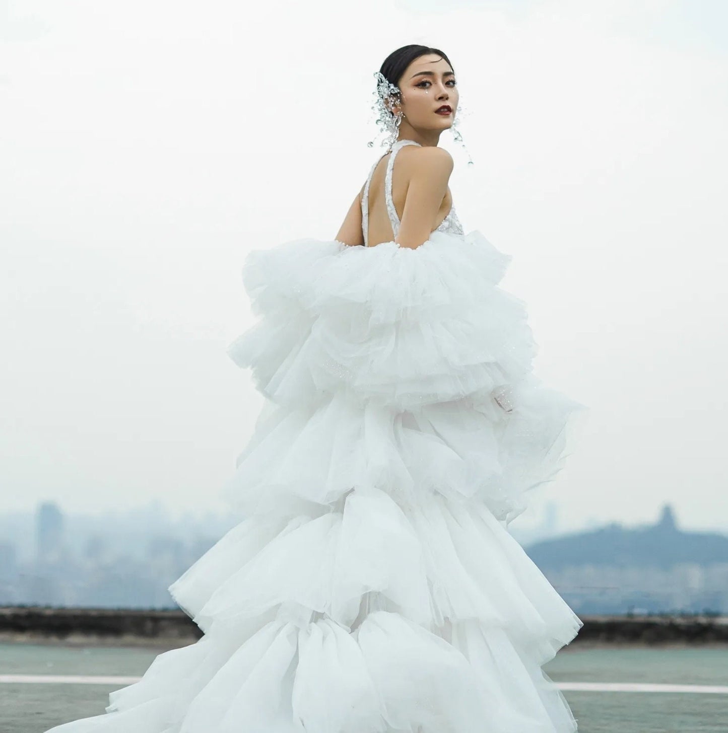 Detached Shimmering And Pearl Beaded Trim Layered Frill Sleeves With Tiered Shimmering  Cape