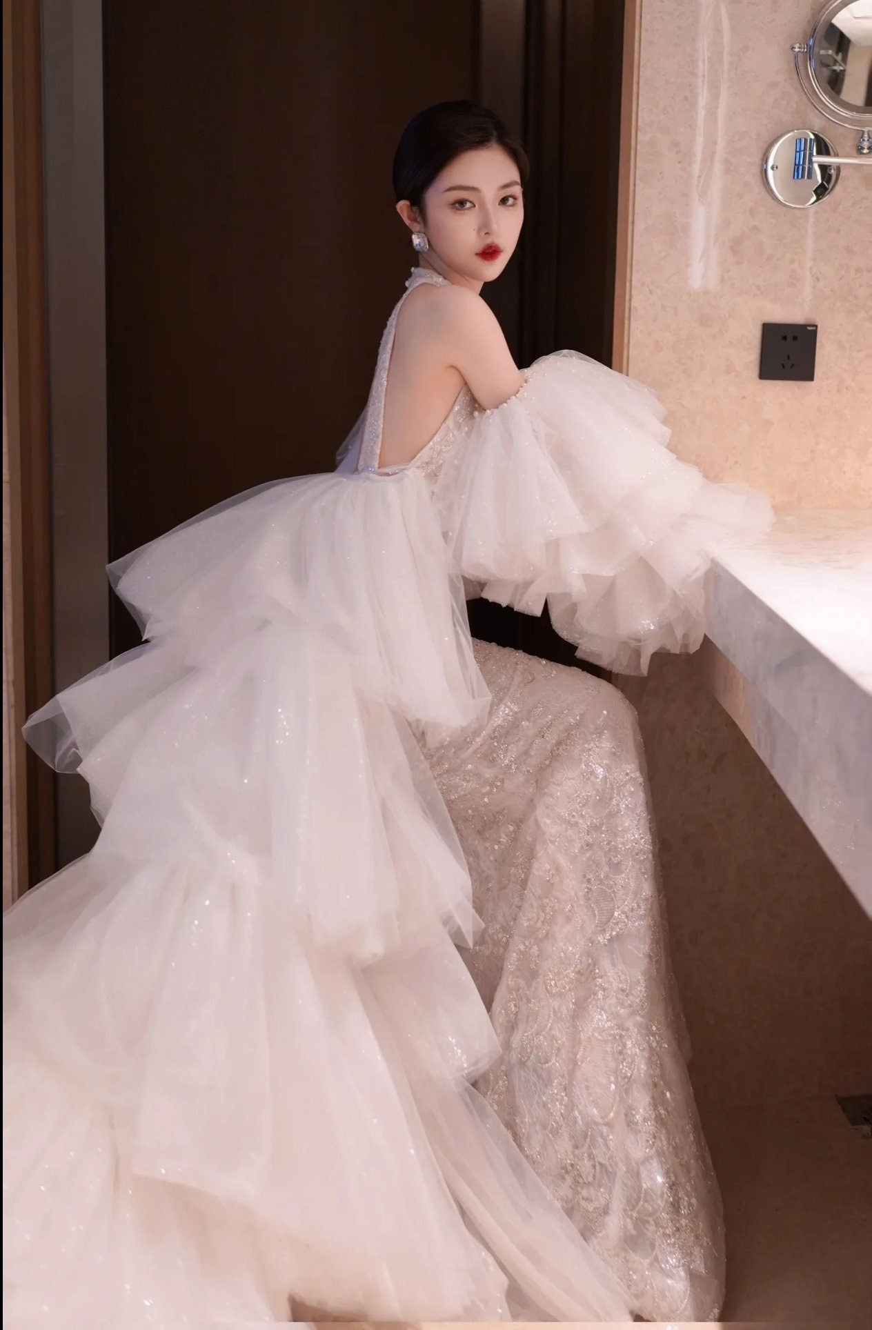 Detached Shimmering And Pearl Beaded Trim Layered Frill Sleeves With Tiered Shimmering  Cape