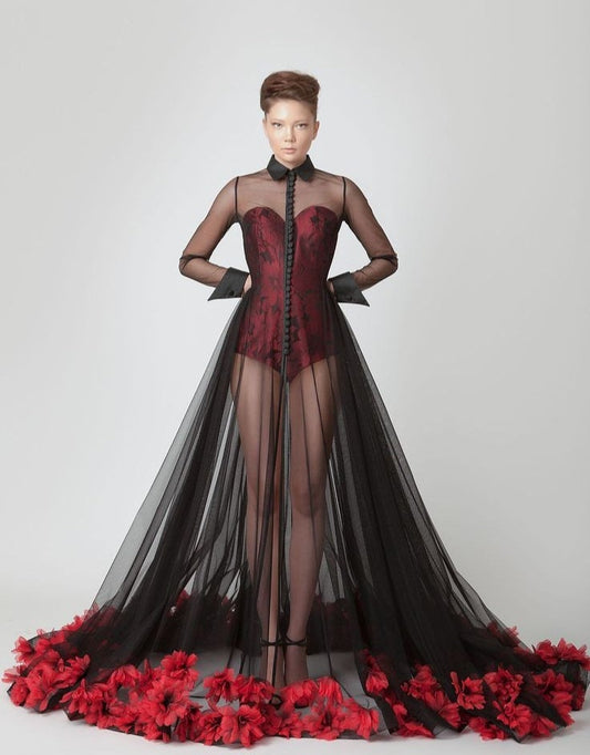 Sheer Long Sleeve Button Down Tuxedo Style 3D Floral Detail Hem Boudoir Photo Shoot Special Occasion Over Dress