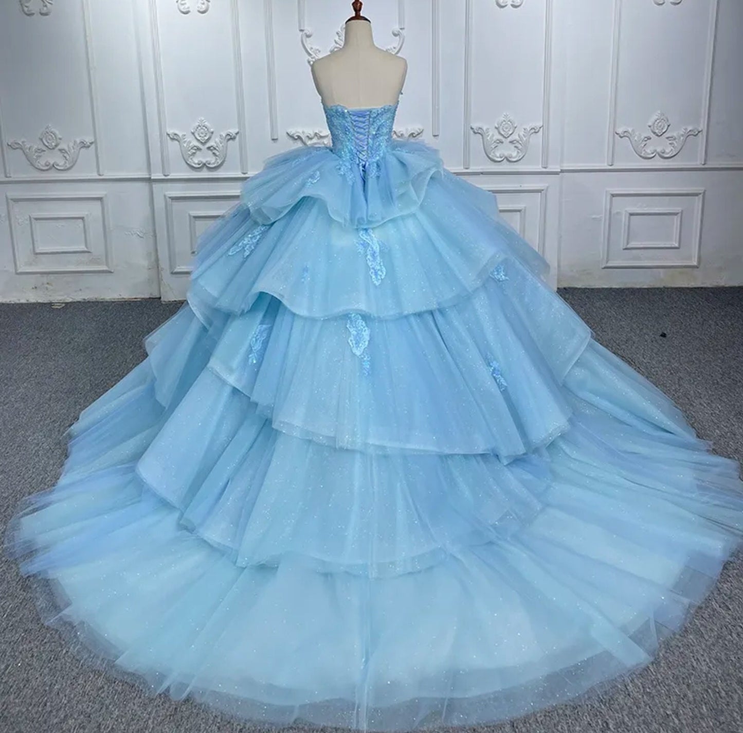 Princess Blue Scattered Floral Sequin Appliqué Shimmering Layered Quinceañera Special Occasion Pageant Party Event Gown