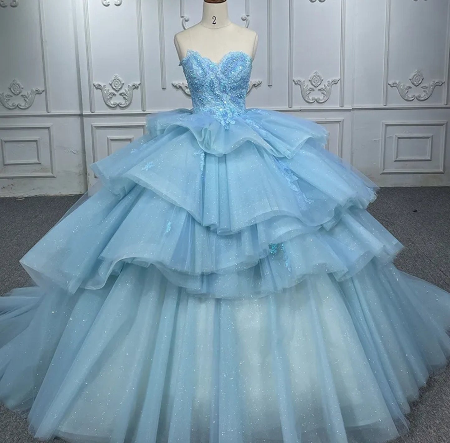 Princess Blue Scattered Floral Sequin Appliqué Shimmering Layered Quinceañera Special Occasion Pageant Party Event Gown