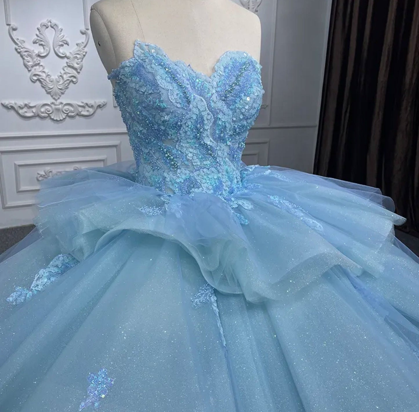 Princess Blue Scattered Floral Sequin Appliqué Shimmering Layered Quinceañera Special Occasion Pageant Party Event Gown