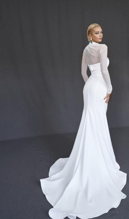 Sheer Long Sleeve High Neck Pleated And Folded Boat Neck Minimalist Trumpet Gown