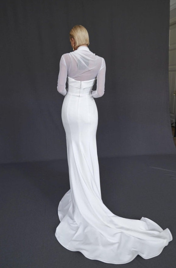 Sheer Long Sleeve High Neck Pleated And Folded Boat Neck Minimalist Trumpet Gown