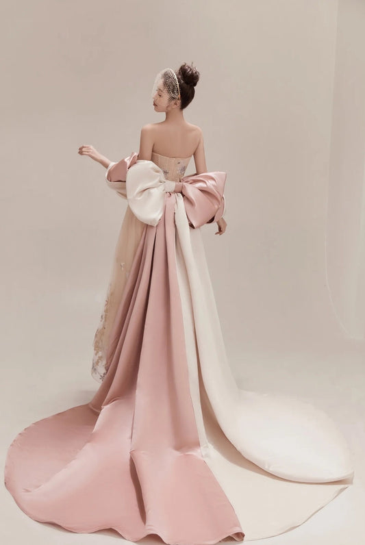 Detached Two Tone Contrast Satin Big Bow Knot Cape Sleeve Train
