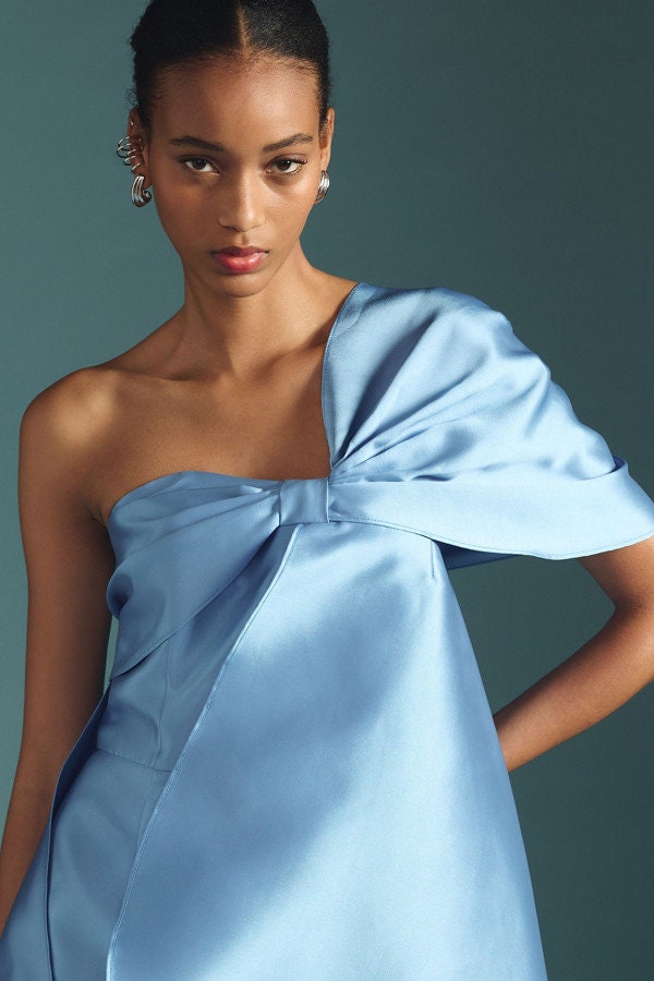 Petal Bow Knot One Shoulder Above The Knee Sheath Dress With Attached Floor Length Train