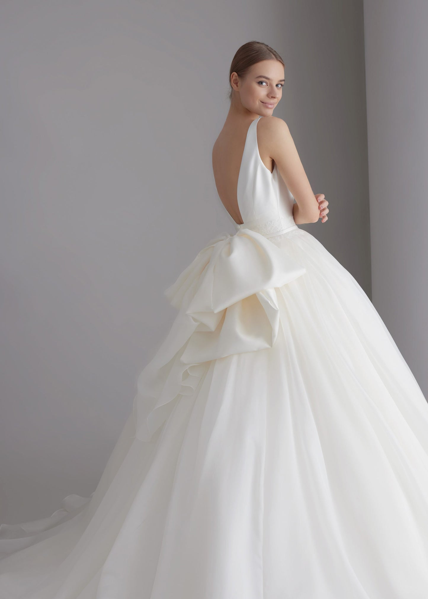 Sleeveless V Neck Natural Lace Waistline A-Line Gown With Beautiful Detachable Back Bow Knot