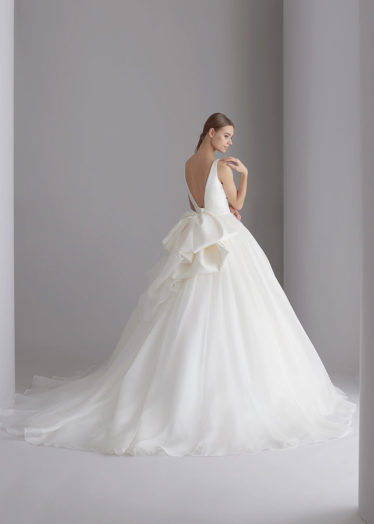 Sleeveless V Neck Natural Lace Waistline A-Line Gown With Beautiful Detachable Back Bow Knot