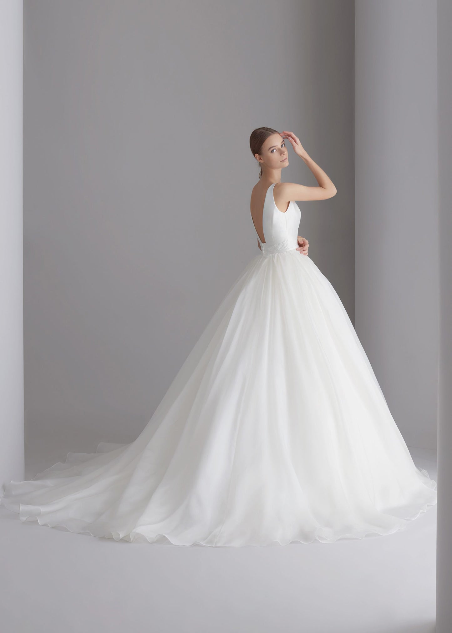 Sleeveless V Neck Natural Lace Waistline A-Line Gown With Beautiful Detachable Back Bow Knot