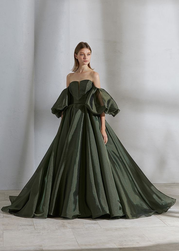 Strapless Organza Deep V Pleated Special Occasion Prom Gown With Matching Detached Cloud Puff Sleeves