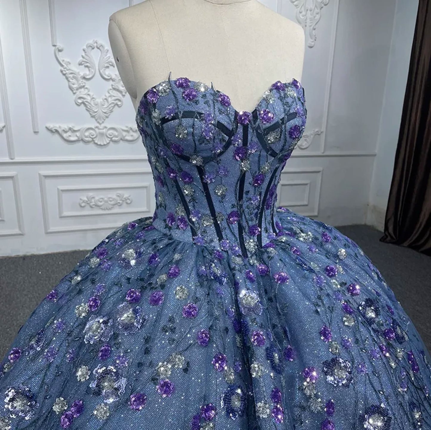 Floral Sequinned Shimmering Blues And Purples Corset Bodice Sweetheart Lace Up Back Enclosure Quinceañera Special Occasion Pageant Gown