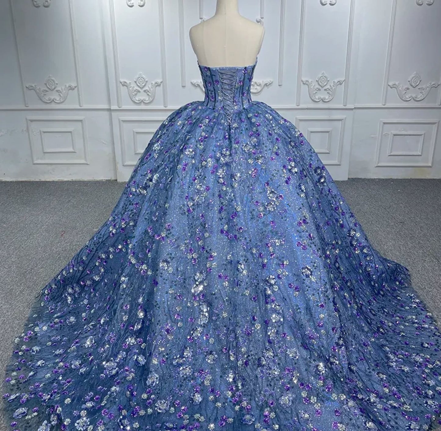 Floral Sequinned Shimmering Blues And Purples Corset Bodice Sweetheart Lace Up Back Enclosure Quinceañera Special Occasion Pageant Gown