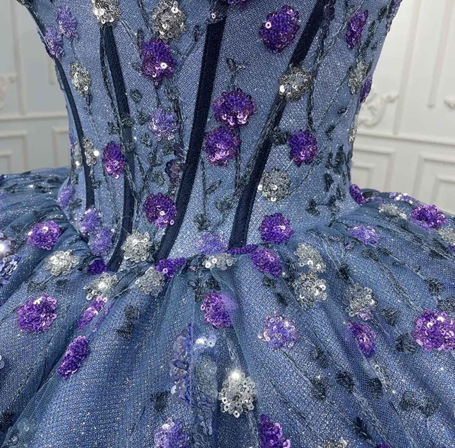 Floral Sequinned Shimmering Blues And Purples Corset Bodice Sweetheart Lace Up Back Enclosure Quinceañera Special Occasion Pageant Gown