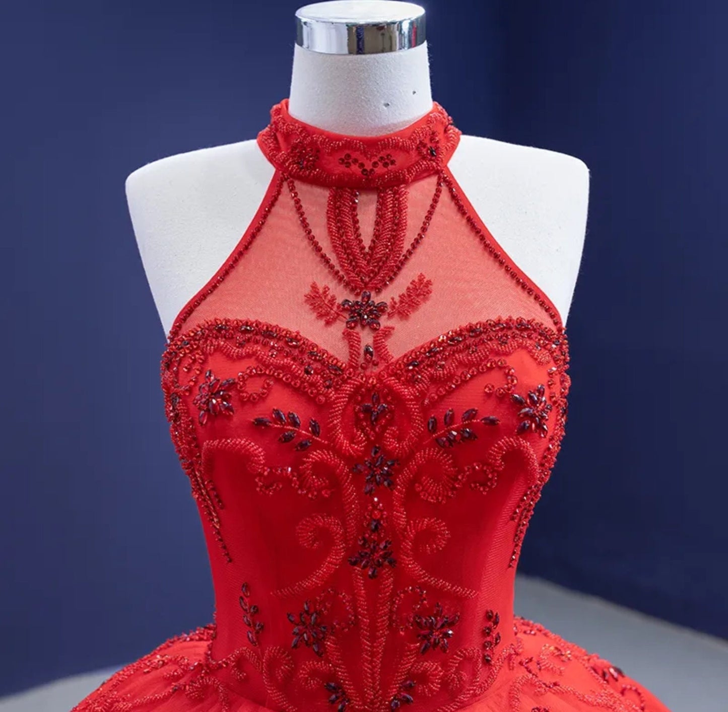Beautiful Red Beaded Halter Neck Open Back Lace Up Enclosure Quinceañera Special Occasion Pageant Party Event Gown