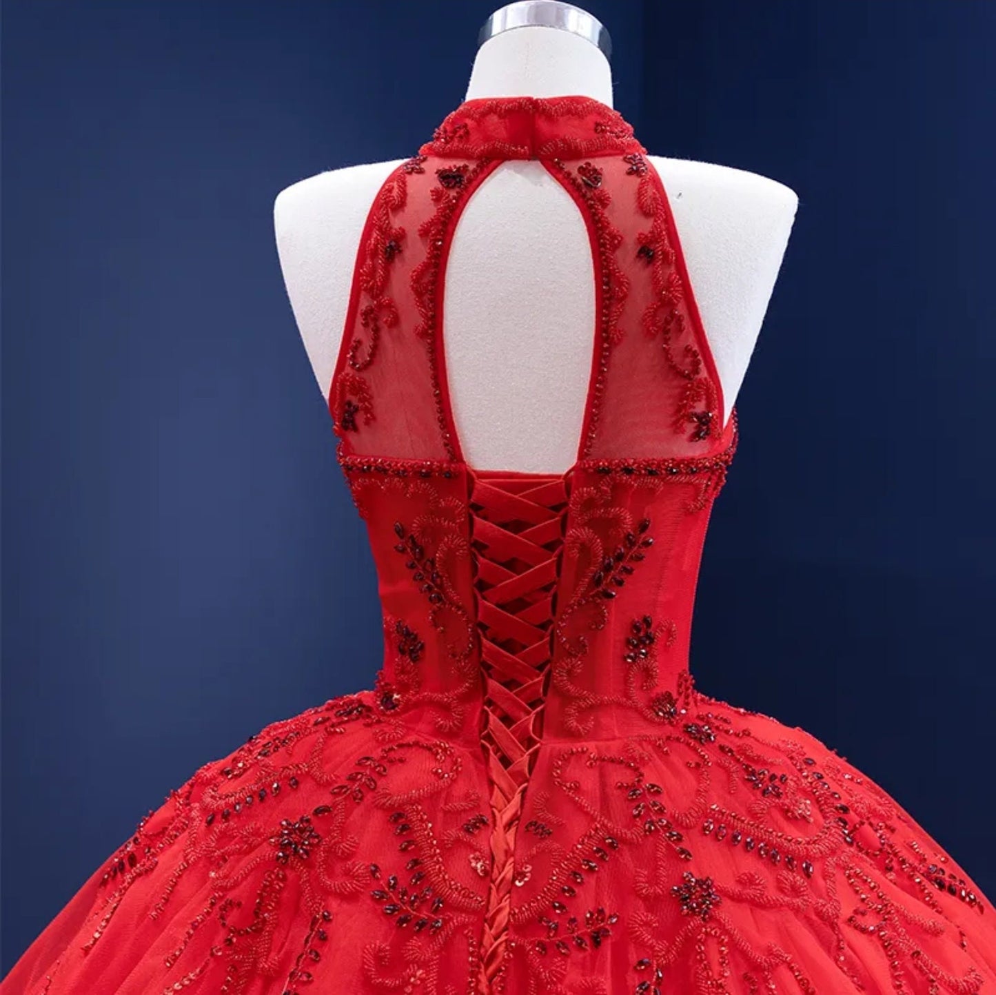 Beautiful Red Beaded Halter Neck Open Back Lace Up Enclosure Quinceañera Special Occasion Pageant Party Event Gown