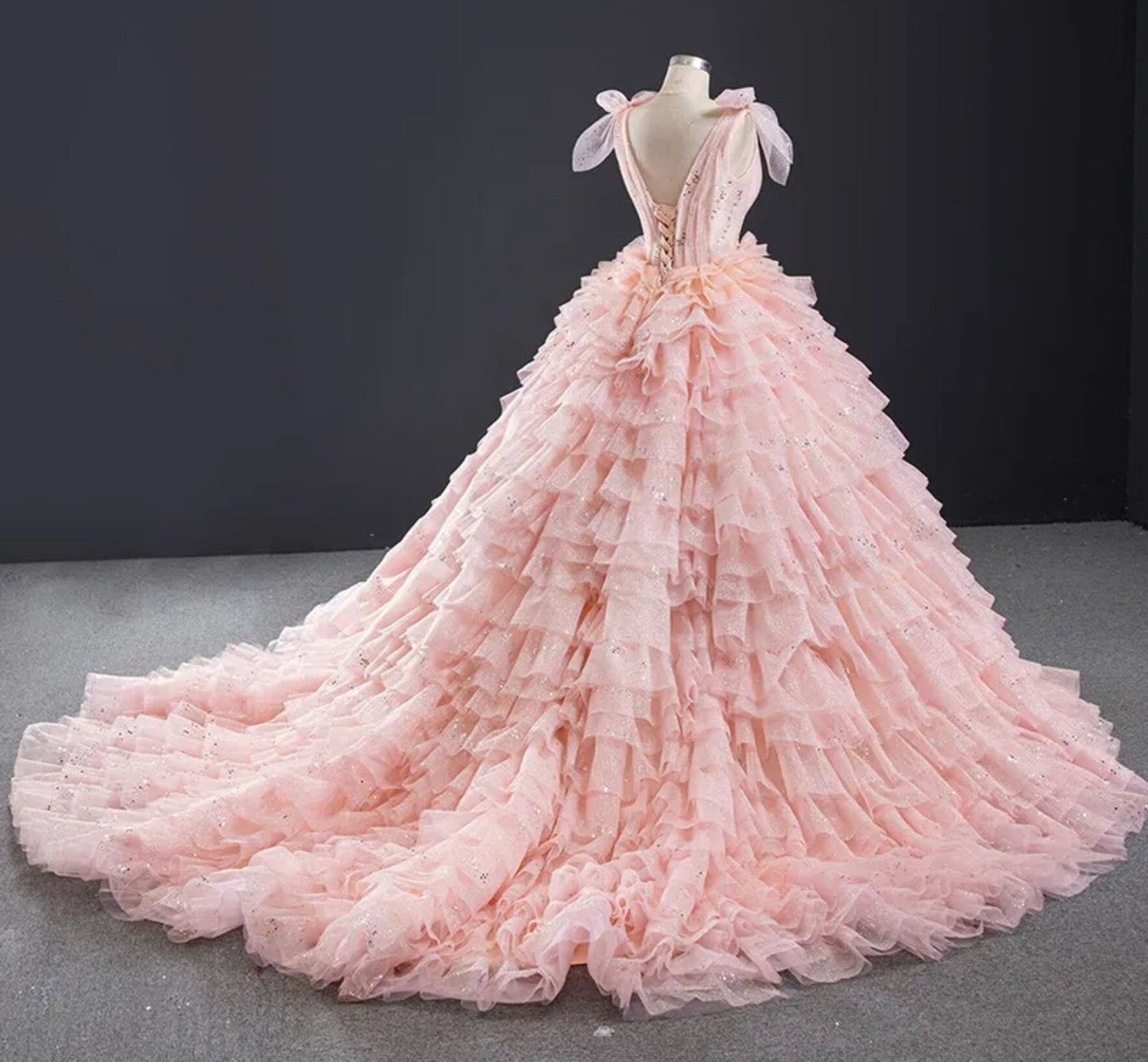 Scattered Sequin Bow Knot Spaghetti Strap Tiered Ruffle Frill Open Back Pink Special Occasion Gown