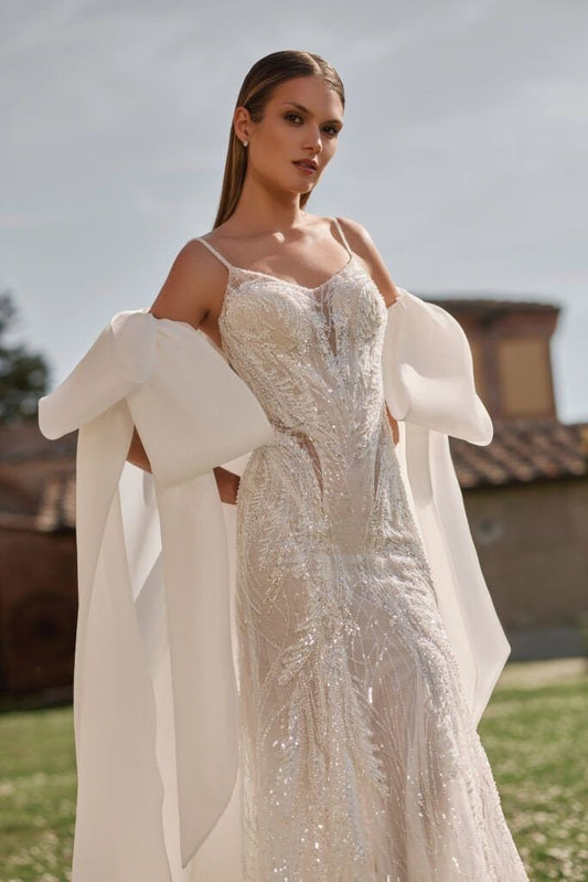 Flowing Organza Big Bow Knot Tie Detail Sleeves Bridal Special Occasion Cape