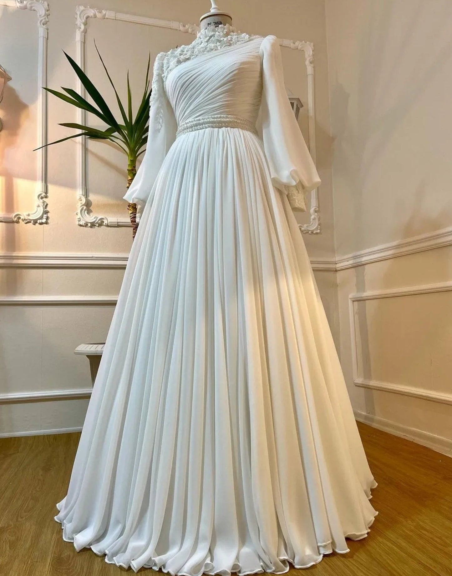 Modest 3D Sequin Beaded Floral Mid Neck Long Sleeve Bridal Gown
