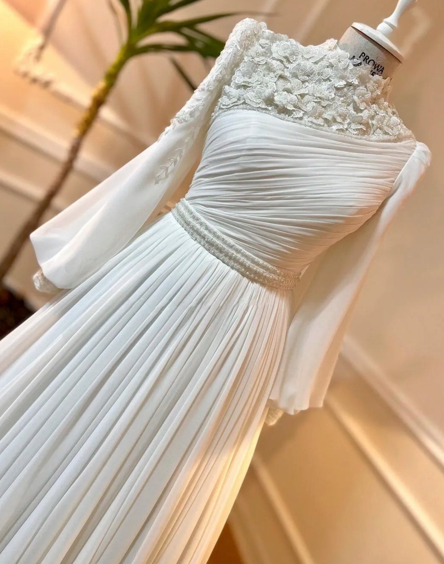 Modest 3D Sequin Beaded Floral Mid Neck Long Sleeve Bridal Gown