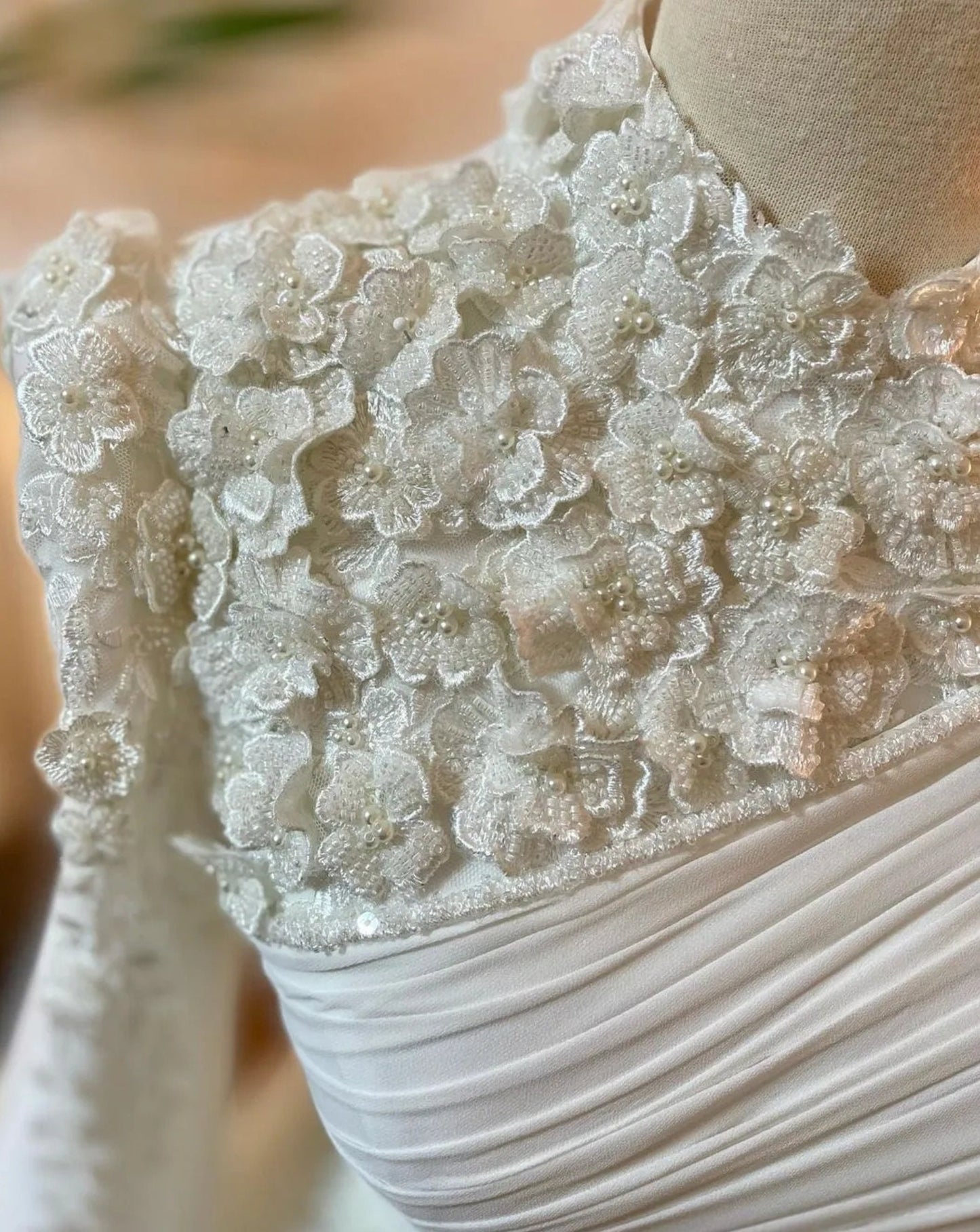 Modest 3D Sequin Beaded Floral Mid Neck Long Sleeve Bridal Gown