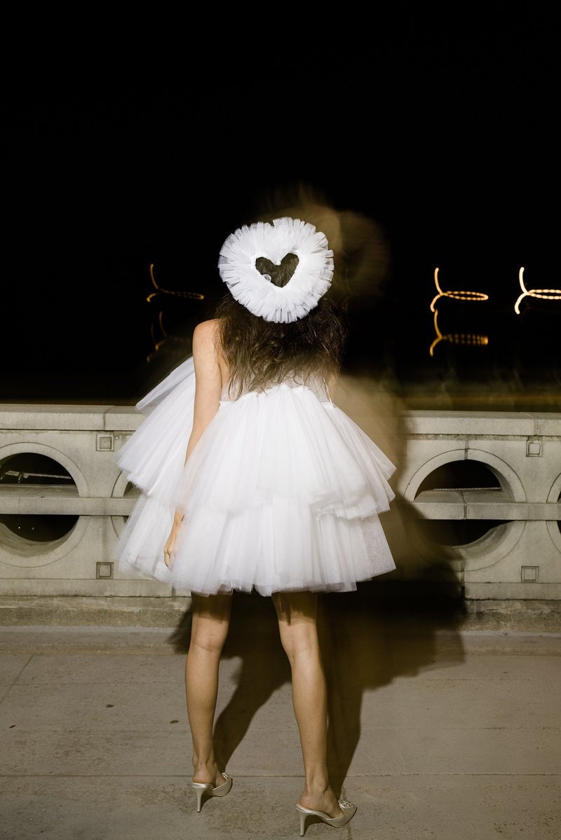 Detachable Frill Heart Head Piece With Lace Heart Appliqués Veil