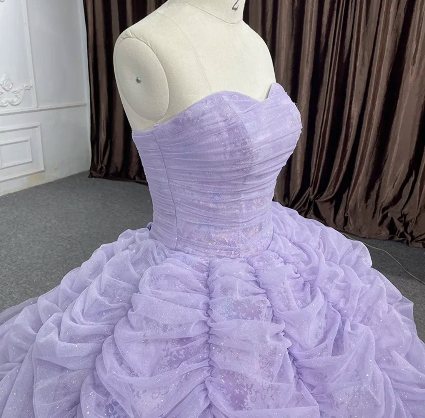 Shimmering Sweetheart Organza Draped Ruffle Quinceañera Special Occasion Pageant Party Event Gala Gown