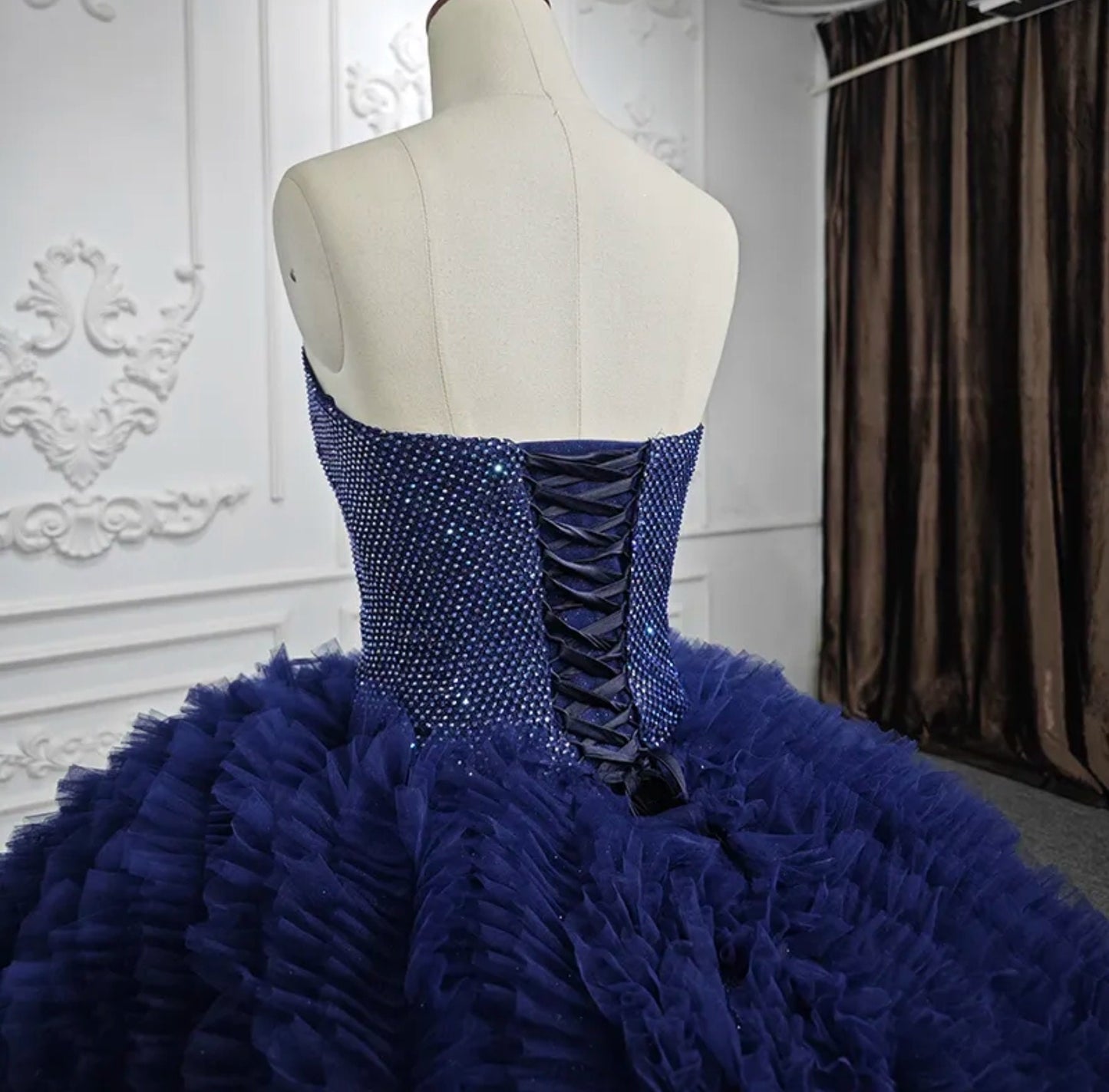 Beautiful Royal Blue Shimmering Sequin Sweetheart Bodice & Layered Frill Quinceañera Special Occasion Pageant Party Event Gala Gown