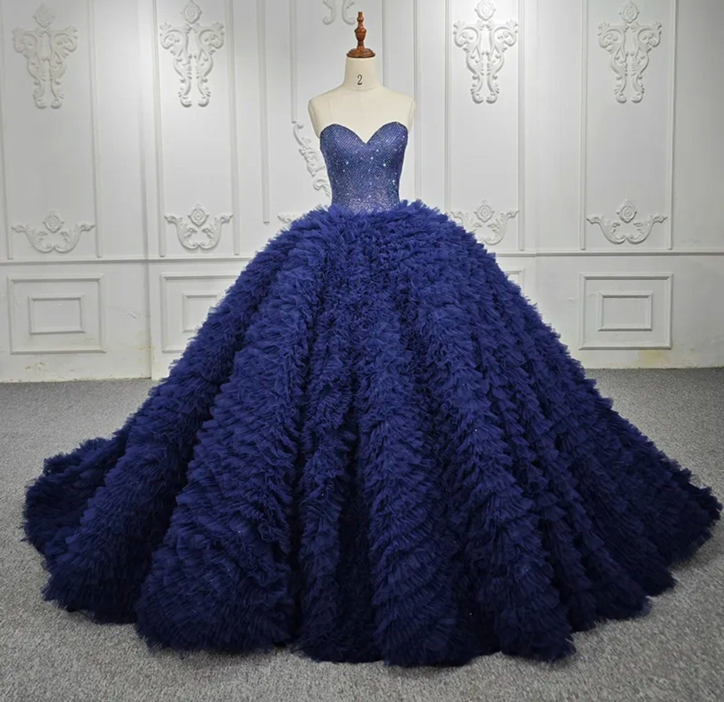 Beautiful Royal Blue Shimmering Sequin Sweetheart Bodice & Layered Frill Quinceañera Special Occasion Pageant Party Event Gala Gown