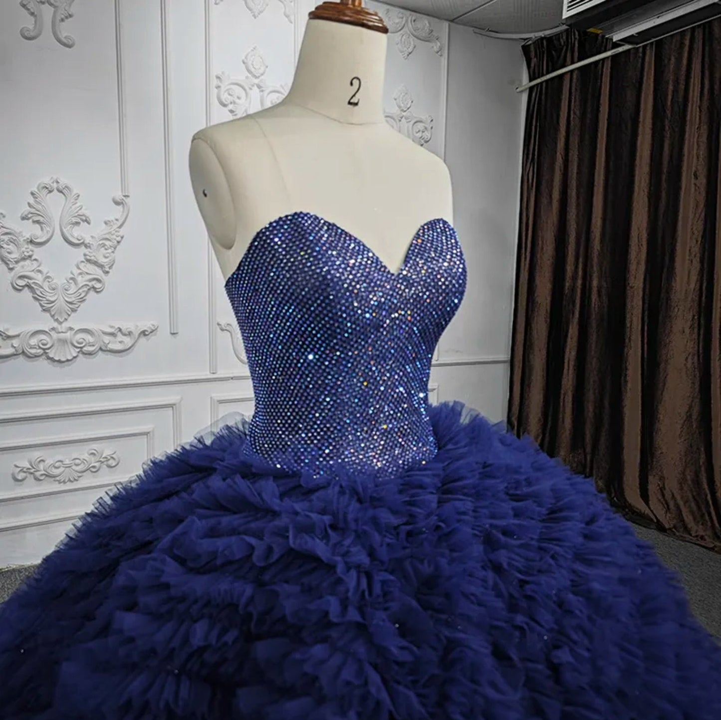 Beautiful Royal Blue Shimmering Sequin Sweetheart Bodice & Layered Frill Quinceañera Special Occasion Pageant Party Event Gala Gown
