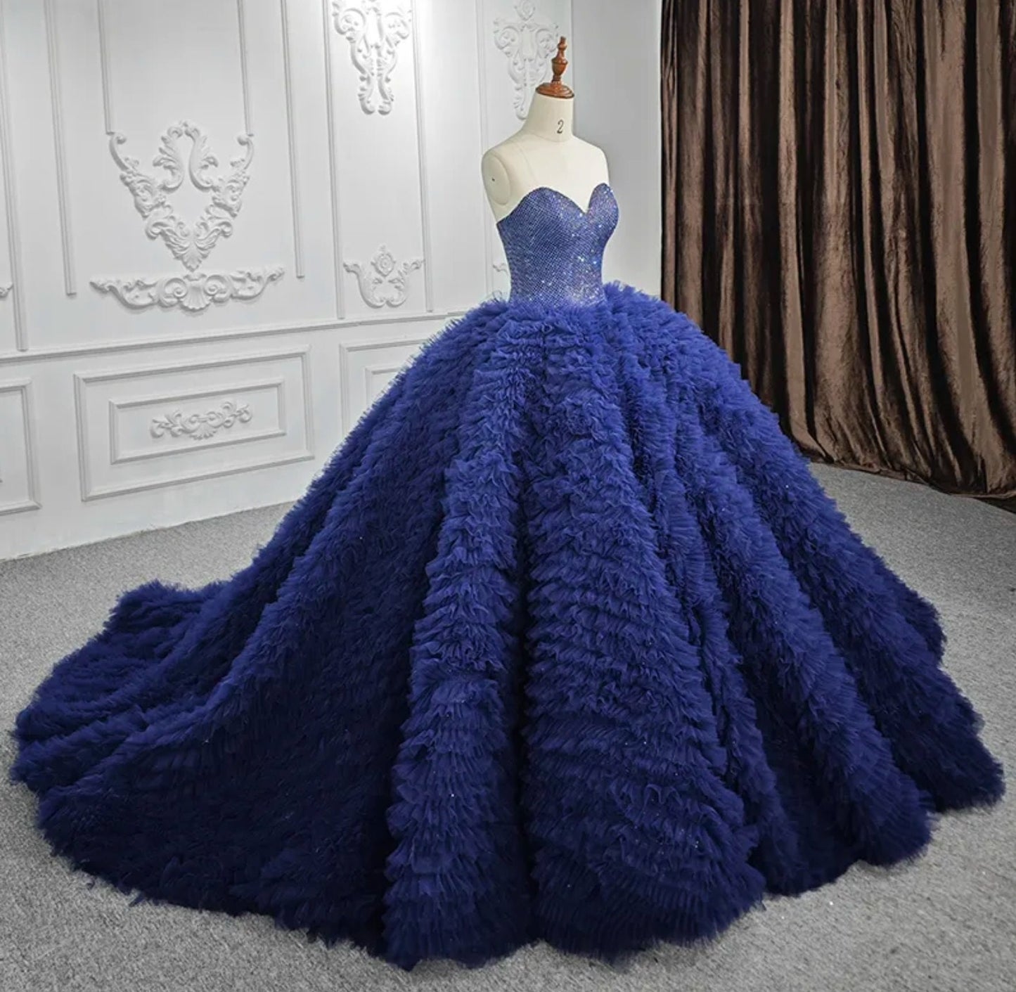 Beautiful Royal Blue Shimmering Sequin Sweetheart Bodice & Layered Frill Quinceañera Special Occasion Pageant Party Event Gala Gown