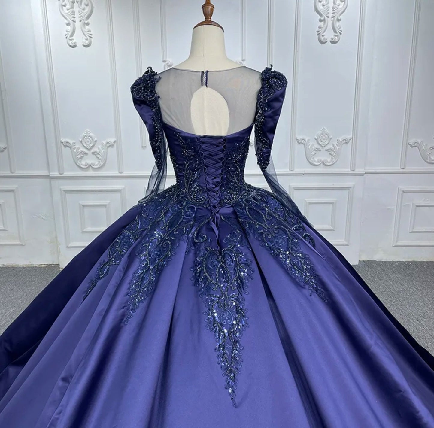 Satin Victorian Era Sequin Beaded Sheer Long Sleeve Elegant & Tasteful Gown
