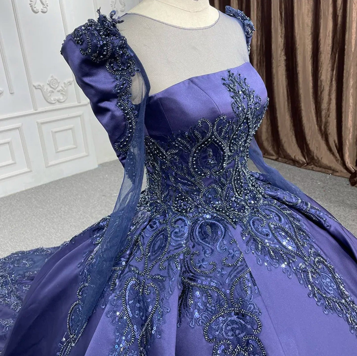 Satin Victorian Era Sequin Beaded Sheer Long Sleeve Elegant & Tasteful Gown