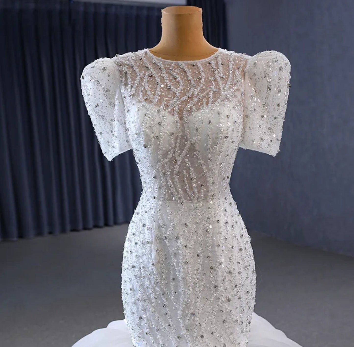 Fit & Flare Sequin Beaded Illusion Bodice With Layered Frill Fishtail Gown