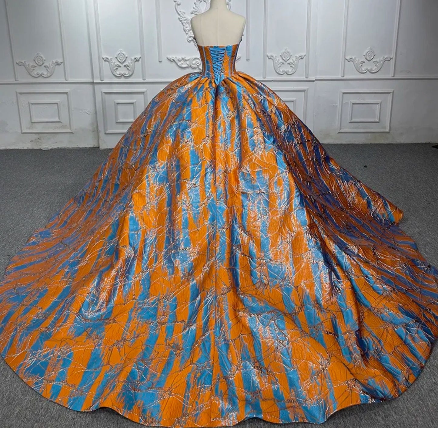 Uniquely Beautiful Orange And Blue Sweetheart Sequinned Satin Quinceañera Special Occasion Pageant Party Event Gown