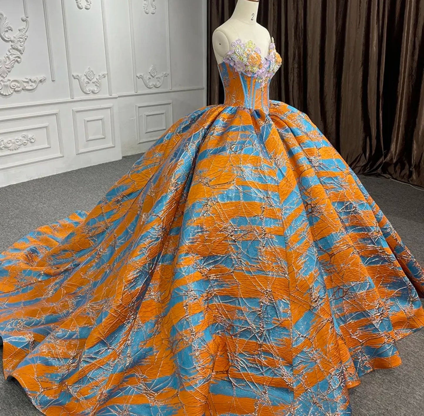 Uniquely Beautiful Orange And Blue Sweetheart Sequinned Satin Quinceañera Special Occasion Pageant Party Event Gown